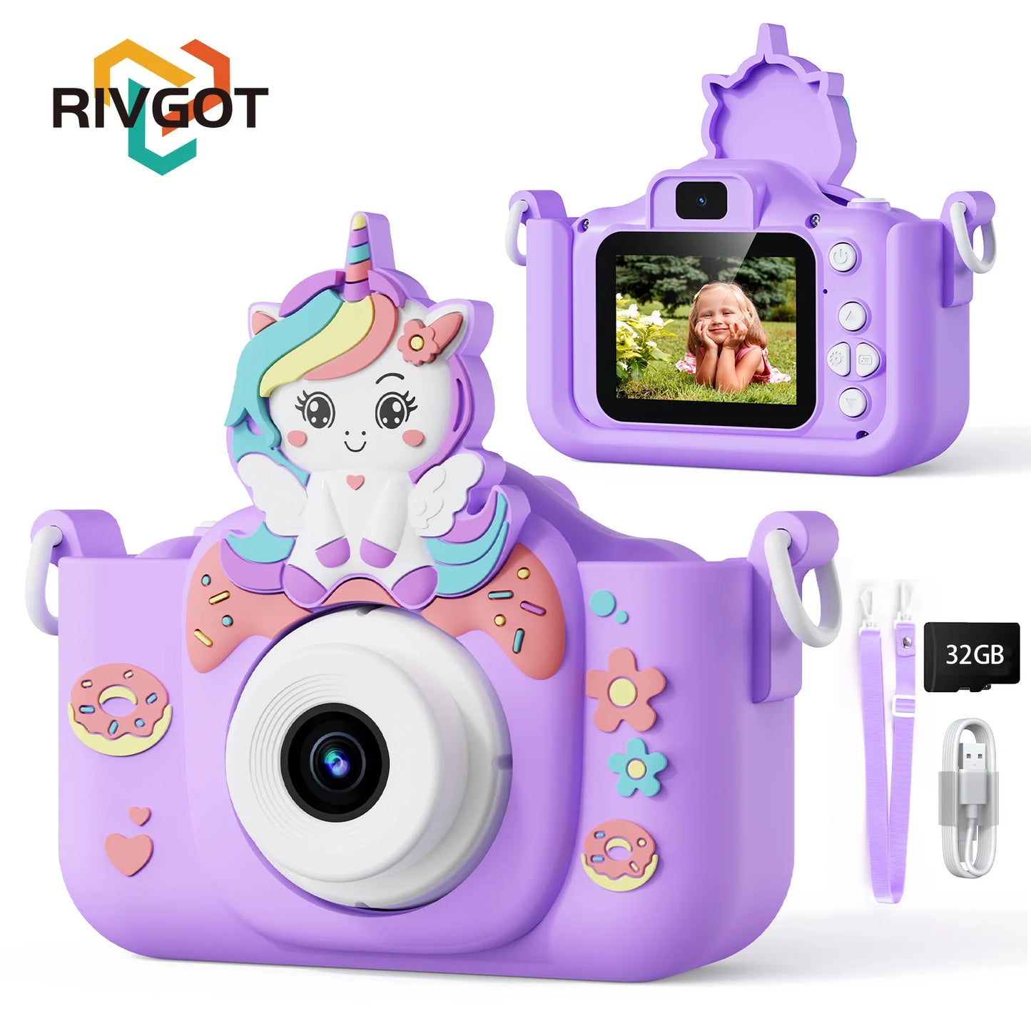 Kids Camera Toys 2-Inch IPS Screen Digital Cameras Photography Selfie With 32GB Card Educational Game for Girl Boy Birthday Gift