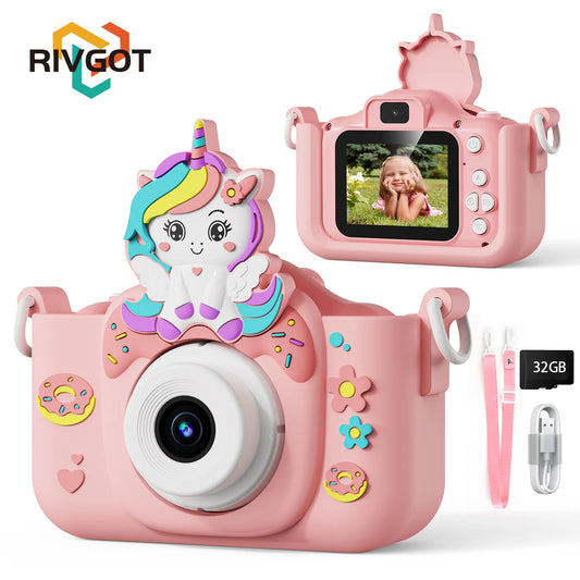 Kids Camera Toys 2-Inch IPS Screen Digital Cameras Photography Selfie With 32GB Card Educational Game for Girl Boy Birthday Gift