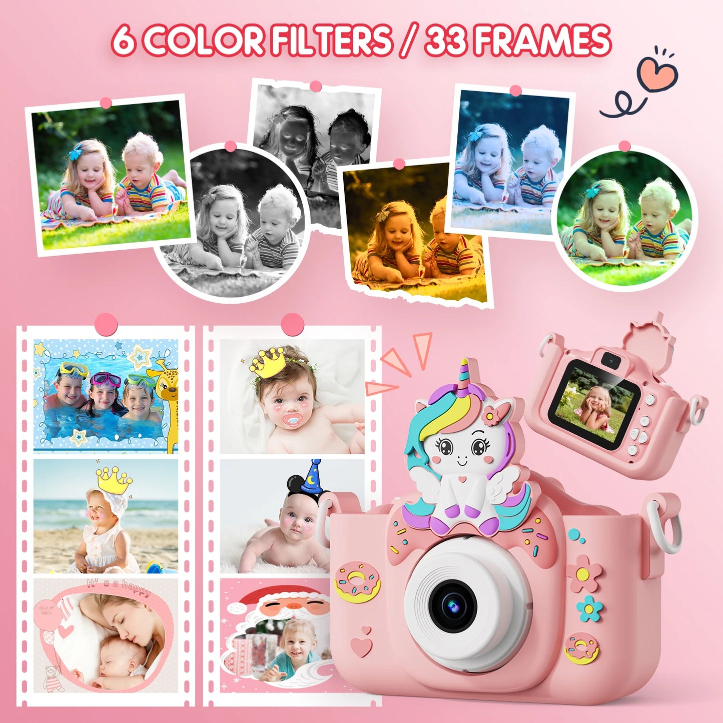 Kids Camera Toys 2-Inch IPS Screen Digital Cameras Photography Selfie With 32GB Card Educational Game for Girl Boy Birthday Gift