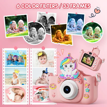 Kids Camera Toys 2-Inch IPS Screen Digital Cameras Photography Selfie With 32GB Card Educational Game for Girl Boy Birthday Gift
